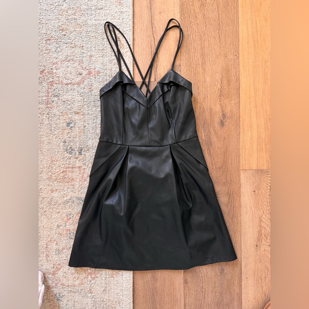 NWT Kendall & Kylie Black Leather Mini Dress with Strappy Design